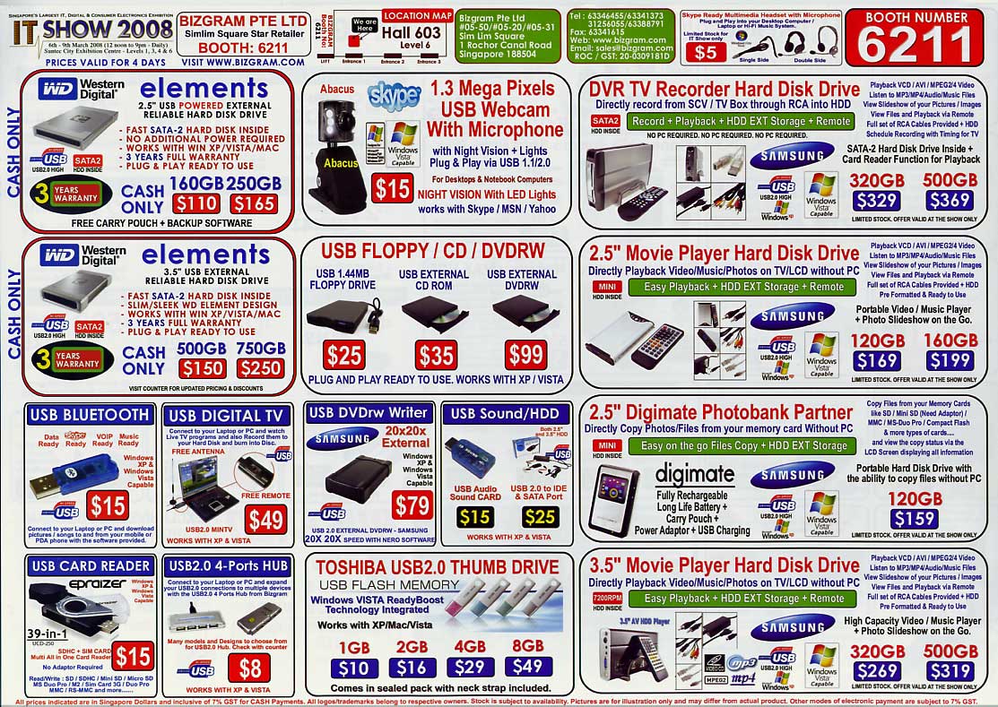 IT Show 2008 price list image brochure of Bizgram External Drive WD Elements Webcam Media Player Thumb Drive TV DVD Floppy
