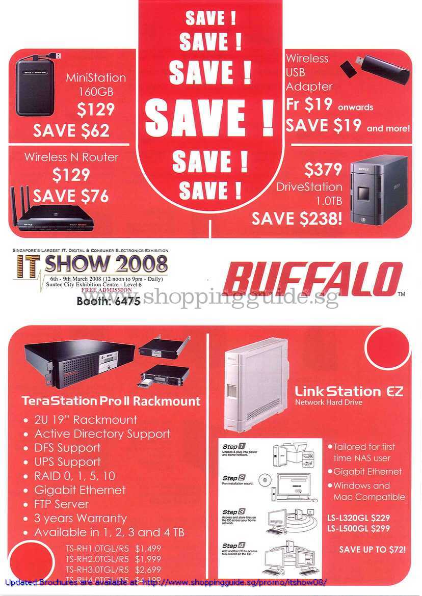 IT Show 2008 price list image brochure of Buffalo MiniStation Wireless USB Adaptor N Router DriveStation TeraStation LinkStation NAS