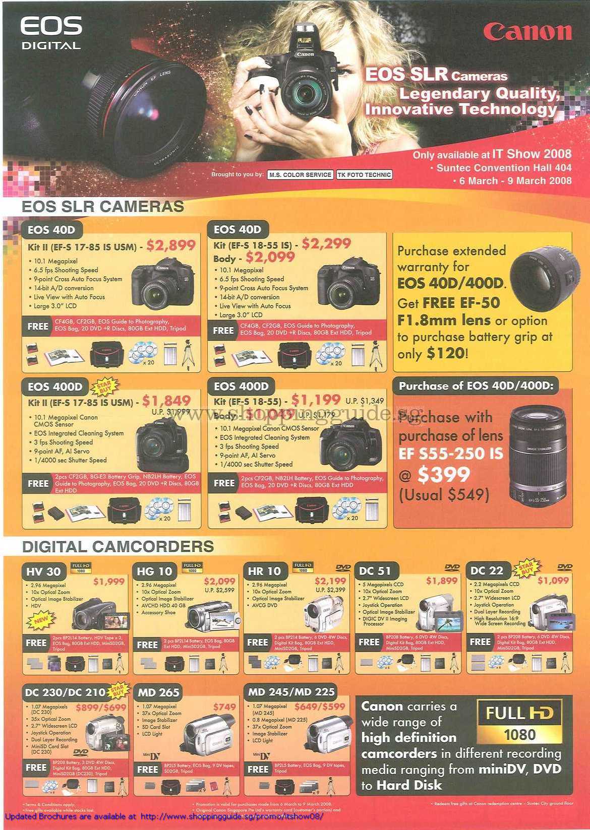 IT Show 2008 price list image brochure of Canon EOS SLR Digital Cameras 40D 400D Camcorders