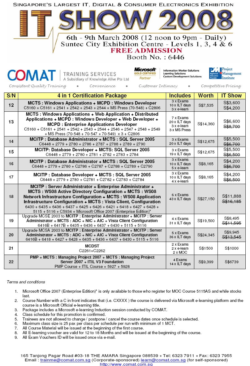 IT Show 2008 price list image brochure of Comat Training Services Microsoft Certification MCTS MCITP