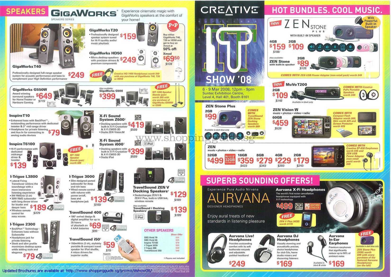 IT Show 2008 price list image brochure of Creative Gigaworks Zen Stone Plus Muvo Aurvana Headphones PVP X-Fi Inspire TravelSound