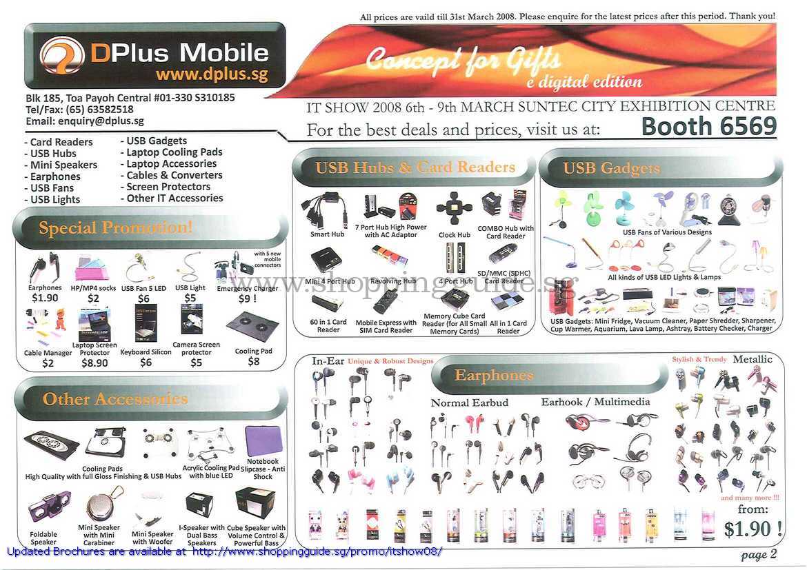IT Show 2008 price list image brochure of DPlus Mobile USB Hubs Card Readers Earphones Cables Cooling Pads Fans Lights