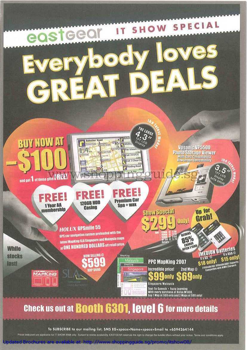 IT Show 2008 price list image brochure of EastGear Holux GPSmile 55 GPS Vosonic VP5500 Photo Viewer PPC Mapking IMedion Battery