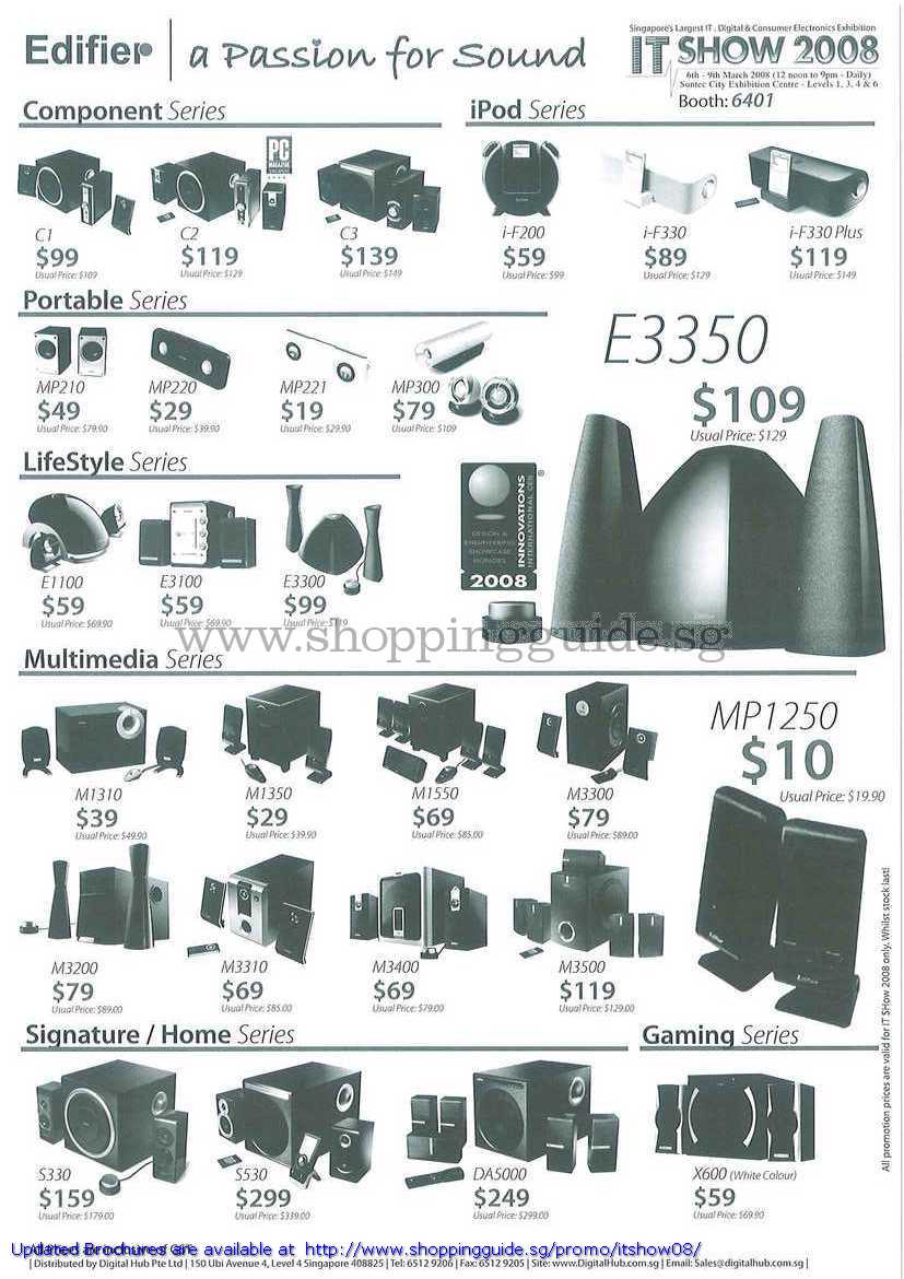 IT Show 2008 price list image brochure of Edifier Speakers Component IPod LifeStyle Portable Signature Home E3350 Gaming