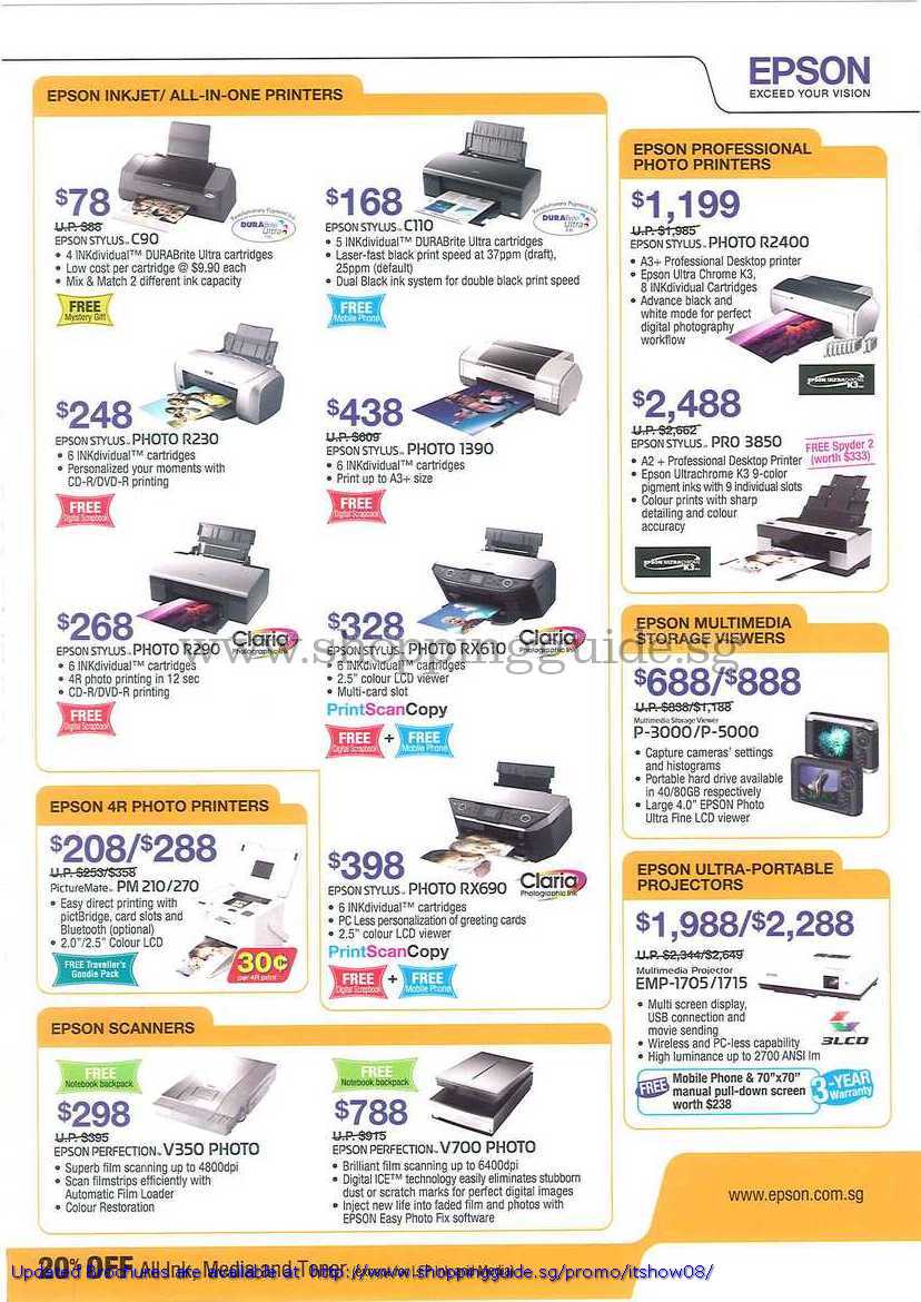 IT Show 2008 price list image brochure of Epson Inkjet AIO Printers Stylus Photo Professional Multimedia Storage Viewers 4R Scanners