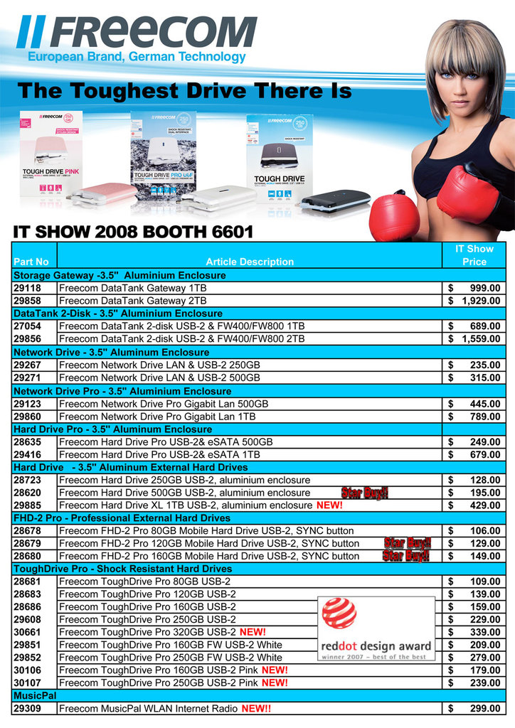 IT Show 2008 price list image brochure of Freecom Storage Gateway DataTank Network Drive Pro Hard Drive FHD 2 ToughDrive MusicPal