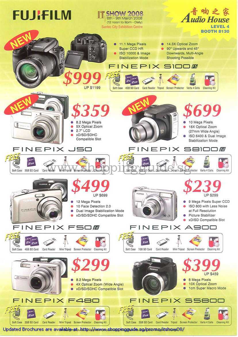 IT Show 2008 price list image brochure of Fujifilm Digital Cameras FinePix J50 S8100 F50 A900 F480 S5800