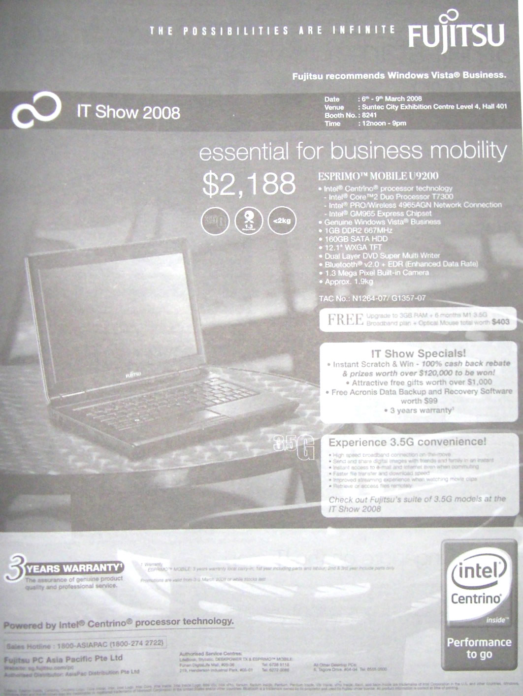 IT Show 2008 price list image brochure of Fujitsu Esprimo Mobile U9200 Notebook