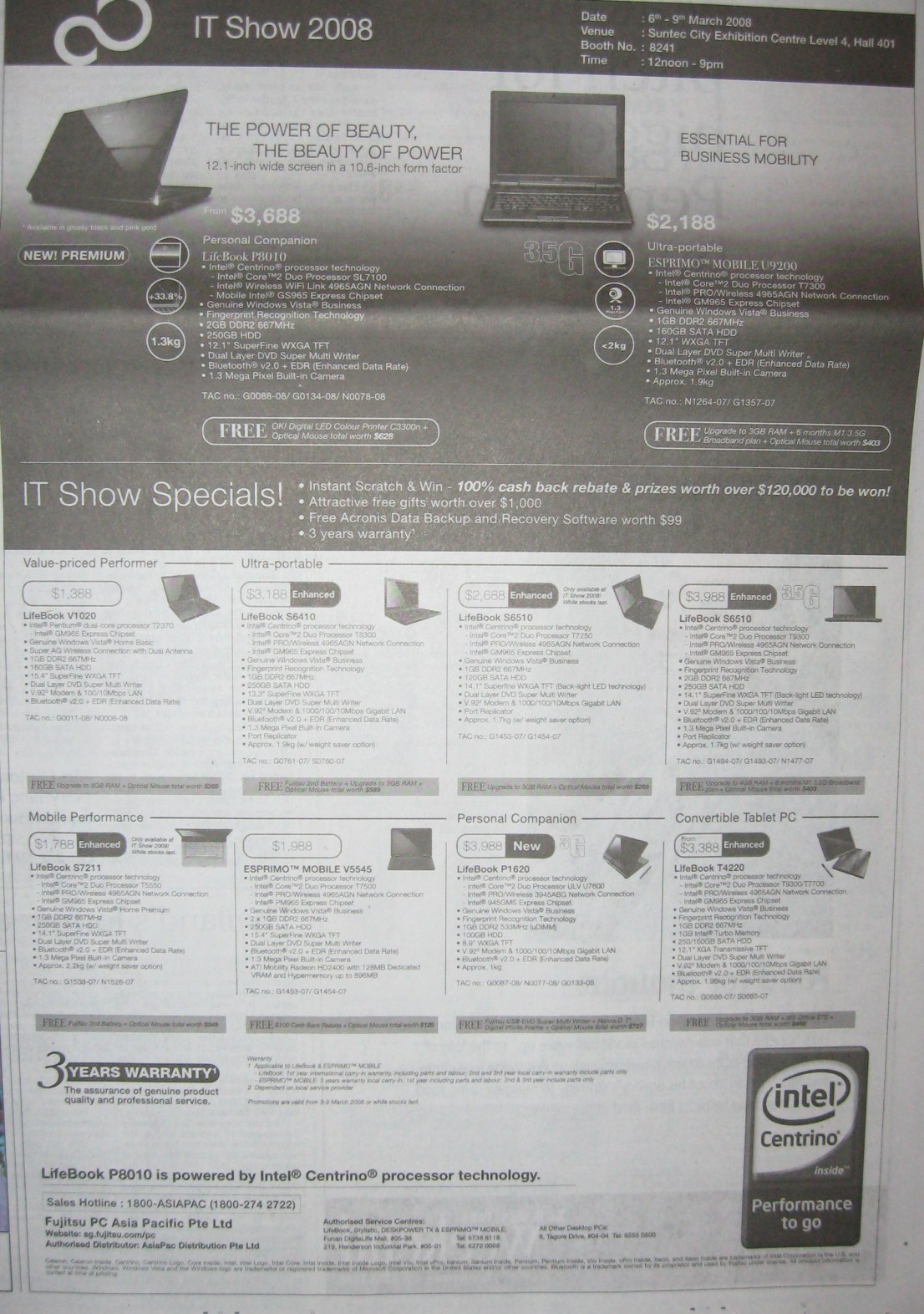 IT Show 2008 price list image brochure of Fujitsu Notebook Lifebook P8010 Esprimo U9200 V1020 S6410 S6510 S7211 V5545 P1620 T4220