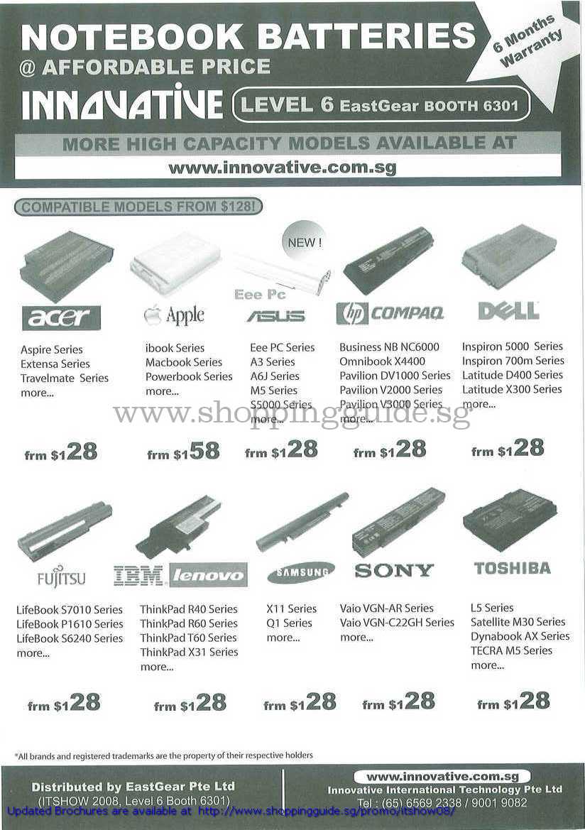 IT Show 2008 price list image brochure of Innovative Notebook Batteries Acer Apple ASUS Compaq Dell Fujitsu IBM Samsung Sony Toshiba