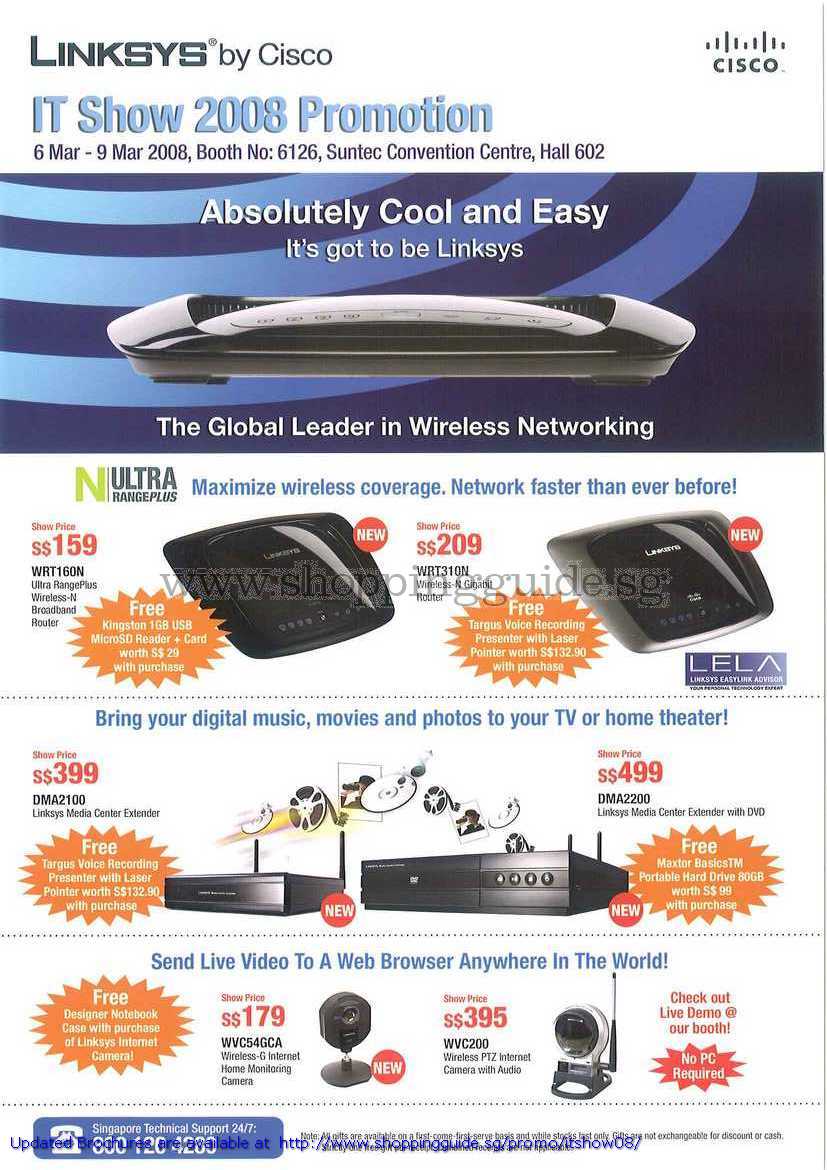IT Show 2008 price list image brochure of Linksys Router Wireless RangePlus Gigabit Media Center Extender Camera