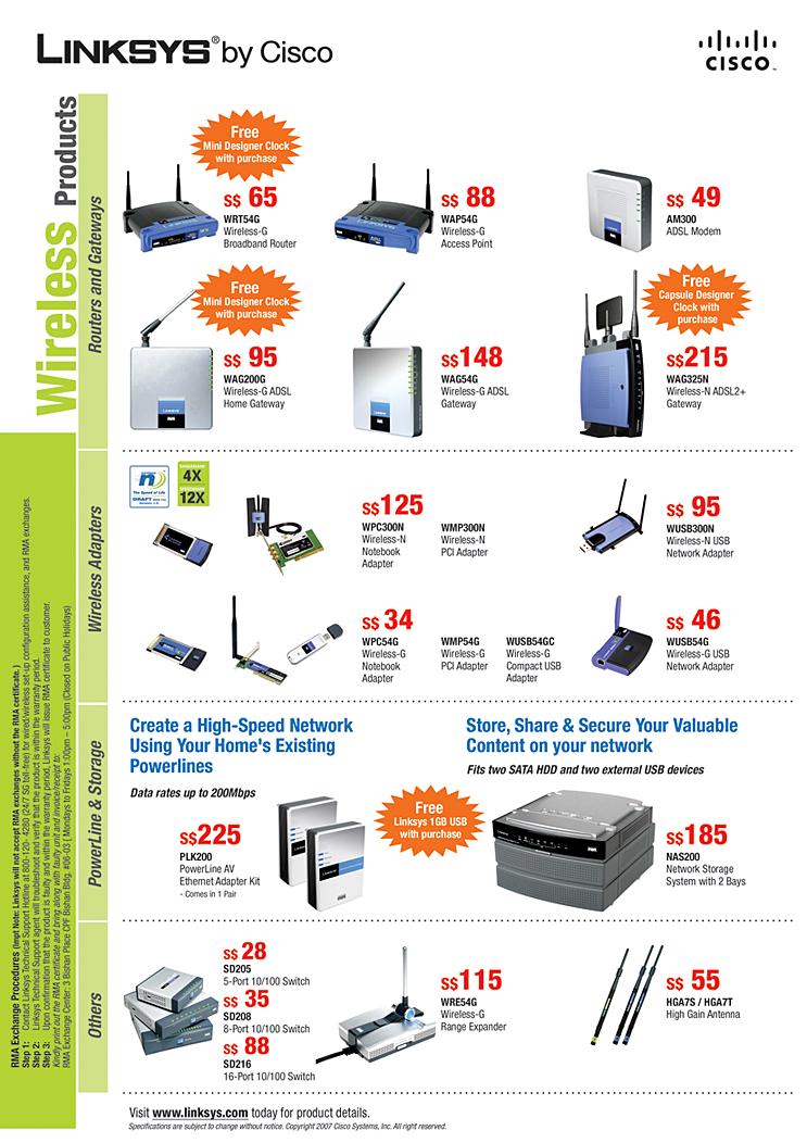 IT Show 2008 price list image brochure of Linksys Routers Wireless G N Adaptors ADSL PCI PowerLine Switch Range Expander Antenna