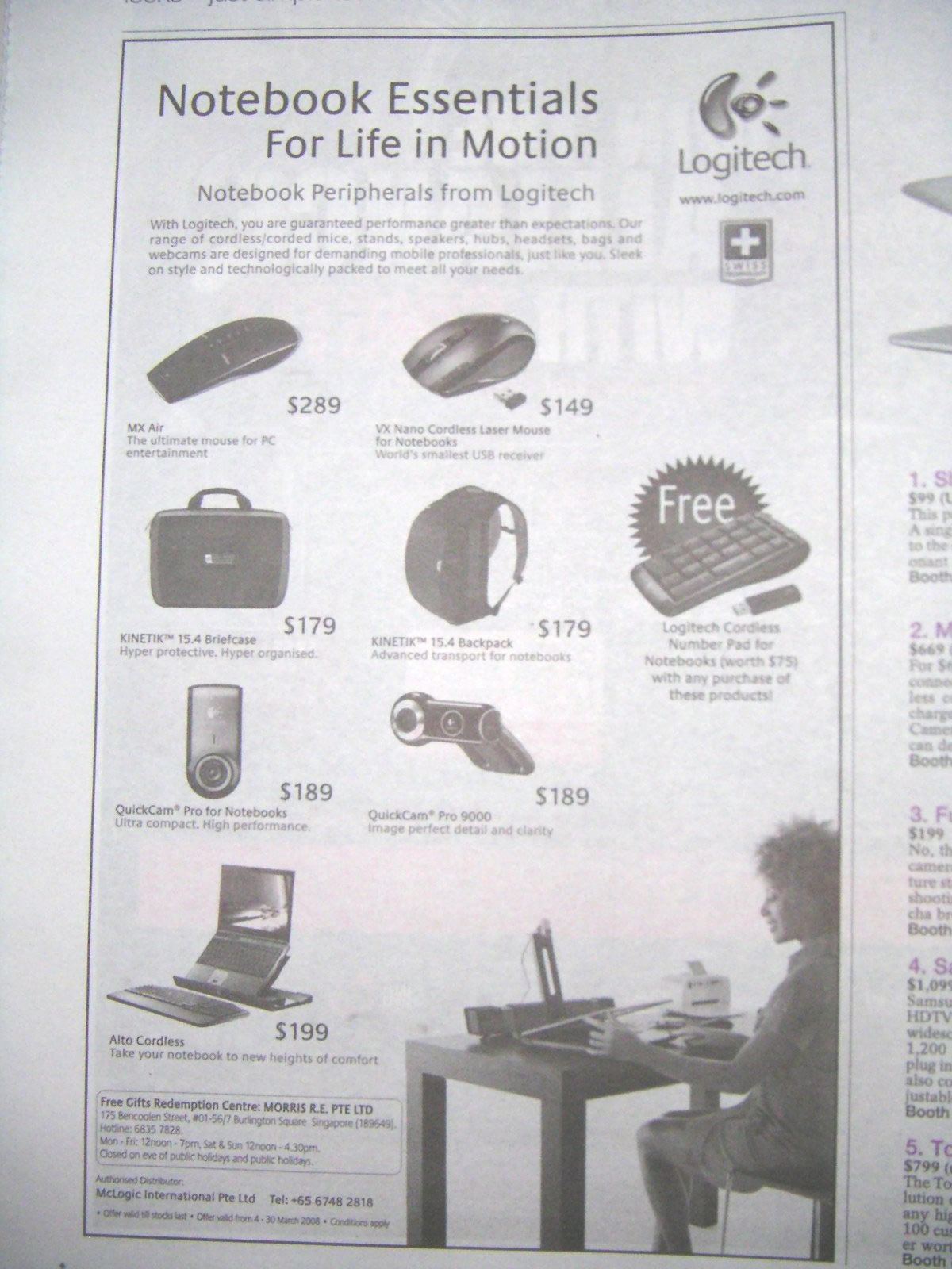IT Show 2008 price list image brochure of Logitech Keyboard Mouse Bags MX Air VX Nano Kinetik QuickCam Pro Alto