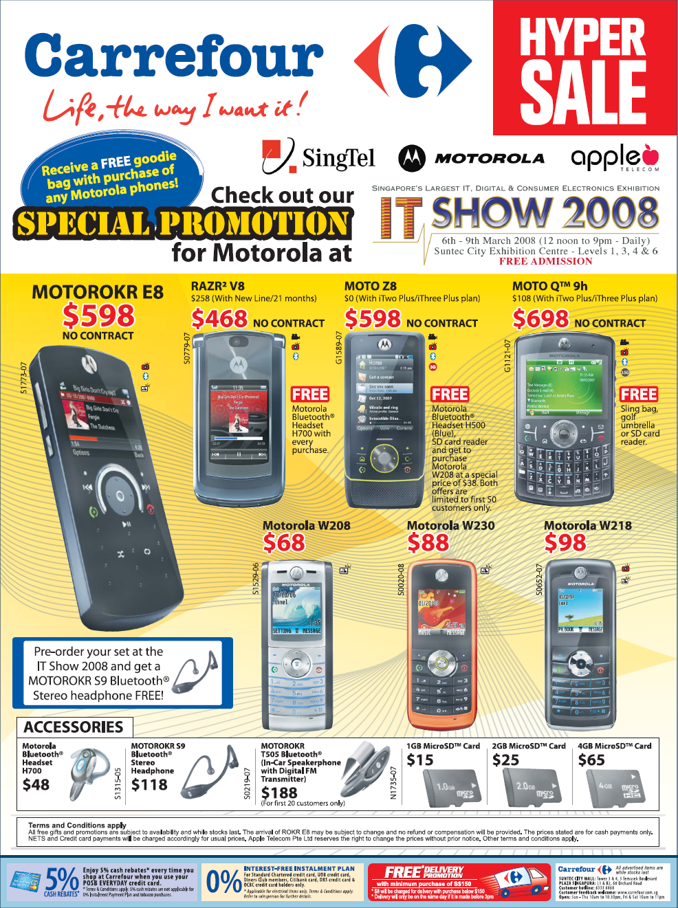 IT Show 2008 price list image brochure of Motorola Mobile Phones E8 Razr V8 Moto Z8 Q 9h W208 W230 W218 Bluetooth Headset