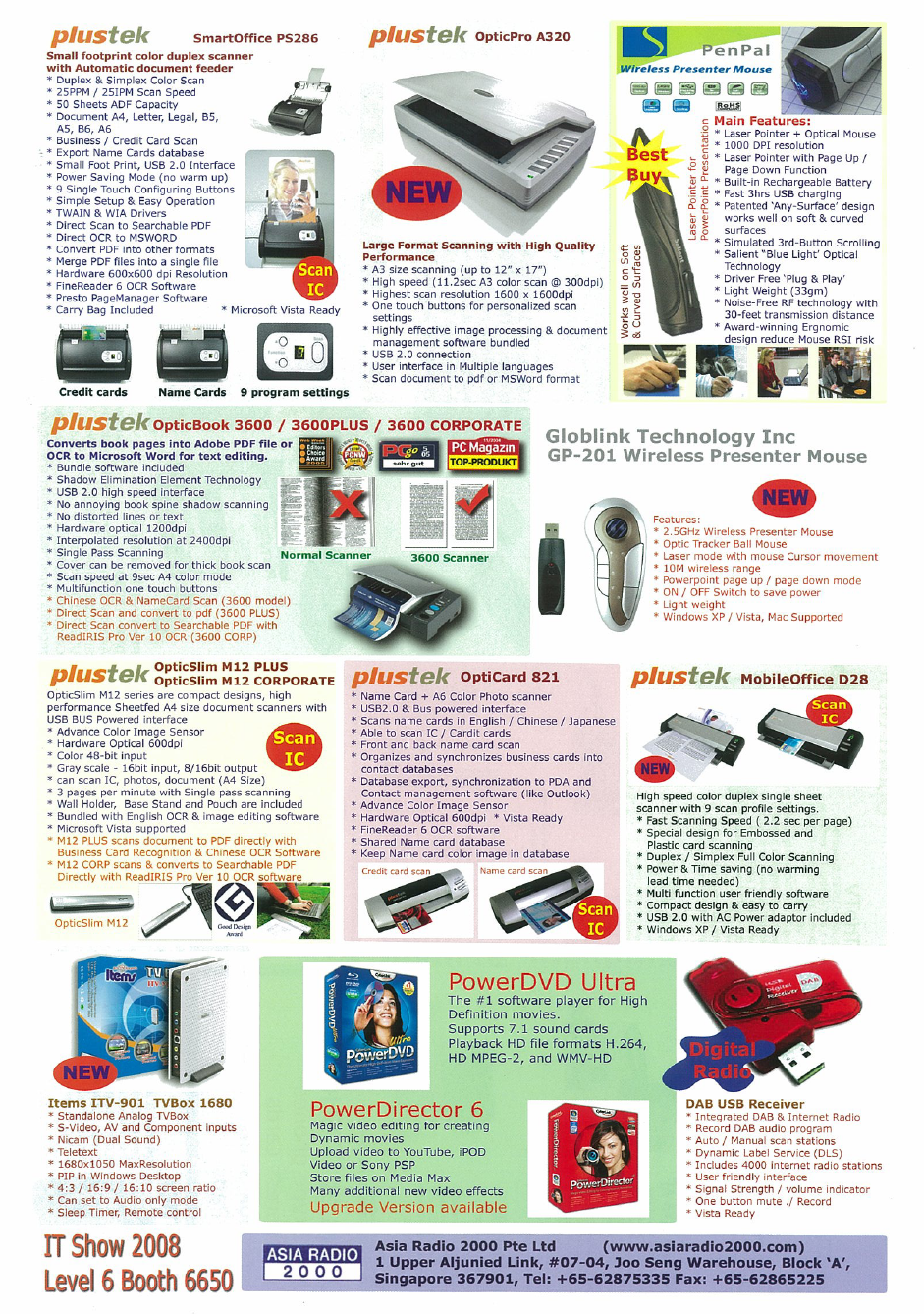 IT Show 2008 price list image brochure of Plustek Scanners SmartOffice OpticPro OpticBook OptiCard OpticSlim MobileOffice PowerDVD