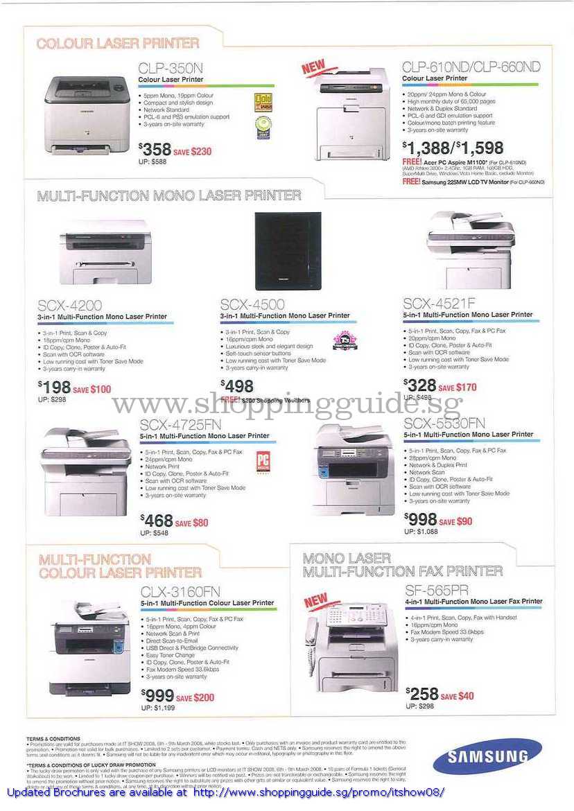 IT Show 2008 price list image brochure of Samsung Laser Colour Printers CLP 350N 610ND 660ND SCX 4200 4500 4521F CLX SF