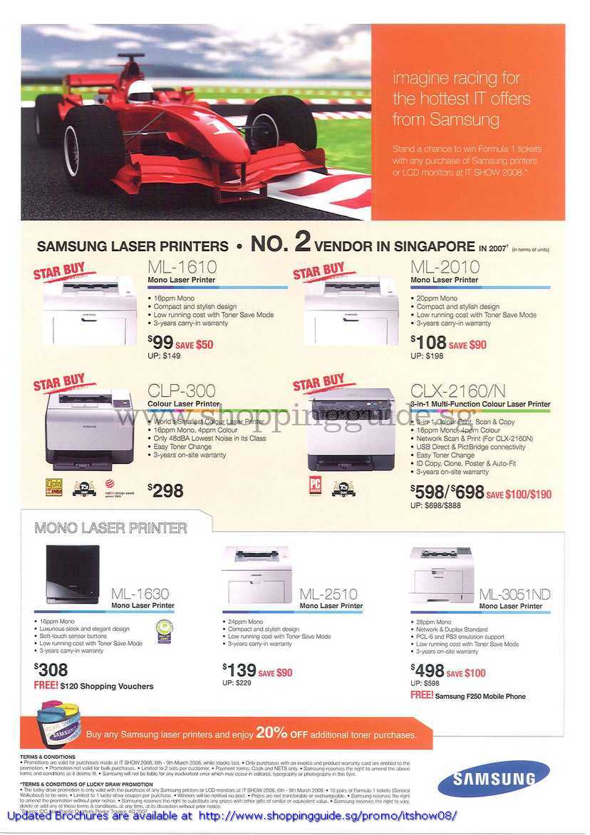 IT Show 2008 price list image brochure of Samsung Laser Printers ML 1610 2010 1630 2510 3051ND CLP 300 CLX 2160