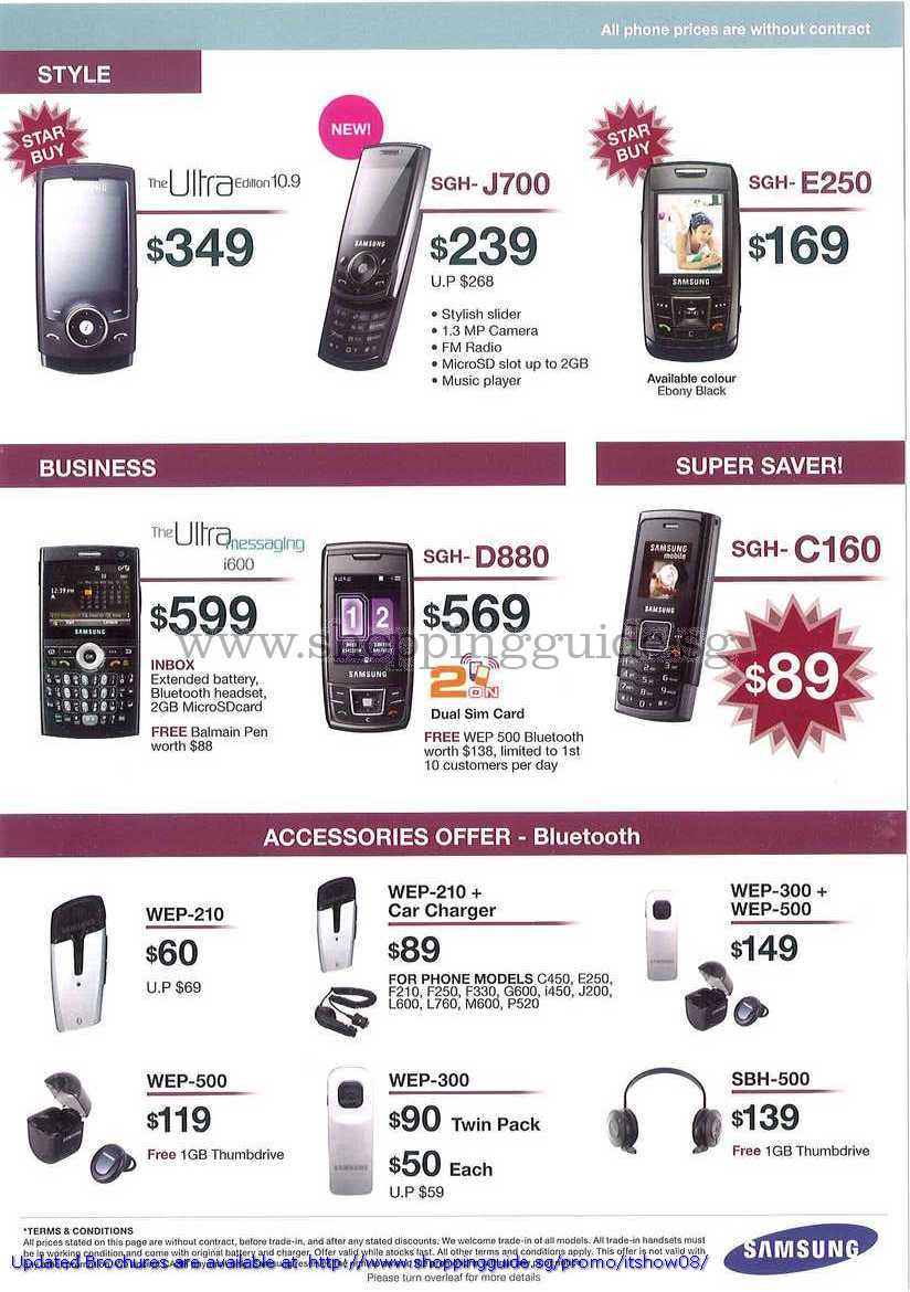IT Show 2008 price list image brochure of Samsung Mobile Phones SGH J700 E250 I600 D880 C160 Bluetooth WEP SBH