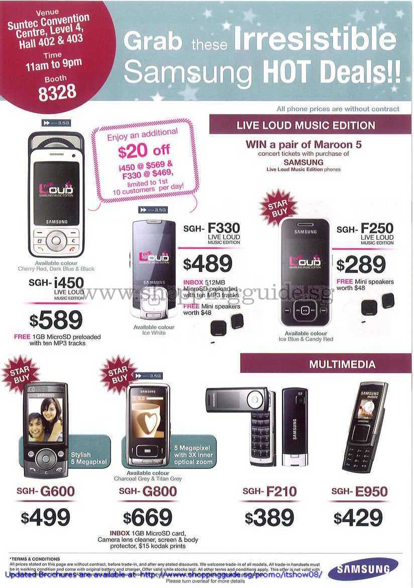 IT Show 2008 price list image brochure of Samsung Mobile Phones SGH I450 F330 F250 G600 G800 F210 E950