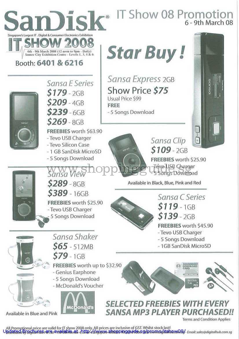 IT Show 2008 price list image brochure of Sandisk Mp3 Players Sansa E Clip View C Shaker