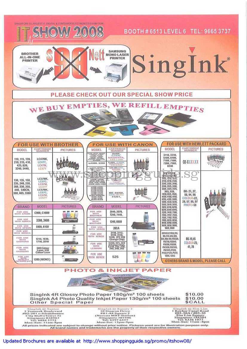 IT Show 2008 price list image brochure of Singink Ink Brother Canon HP Photo Paper