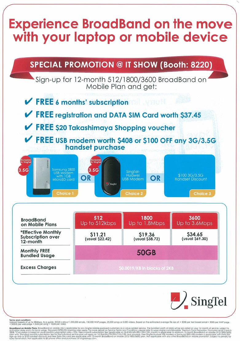 IT Show 2008 price list image brochure of Singtel Broadband On Mobile Samsung 7800 USB Modem Huawei Handset Discount