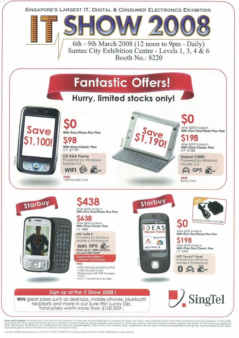 IT Show 2008 price list image brochure of Singtel Mobile Phones O2 XDA Flame Dopod U1000 HTC TyTN II Touch Dual