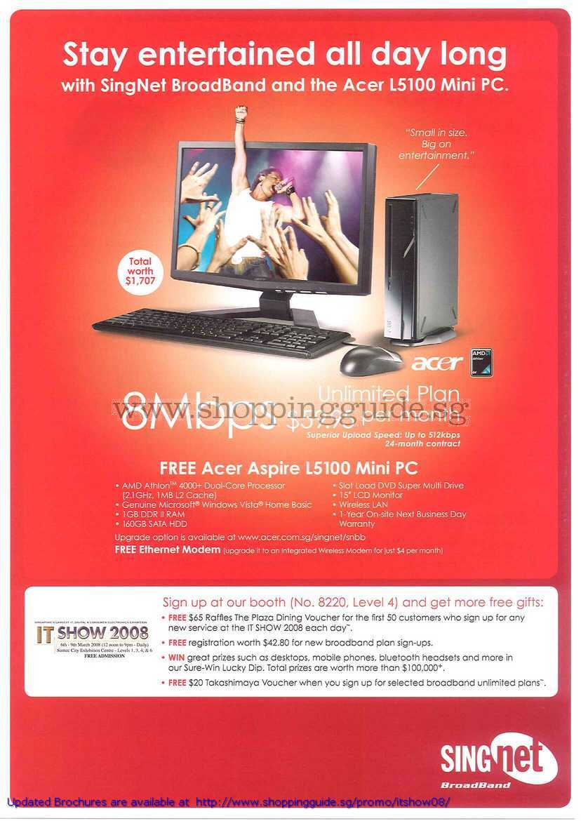 IT Show 2008 price list image brochure of Singtel Singnet 8Mbps Acer Aspire L5100 Mini PC