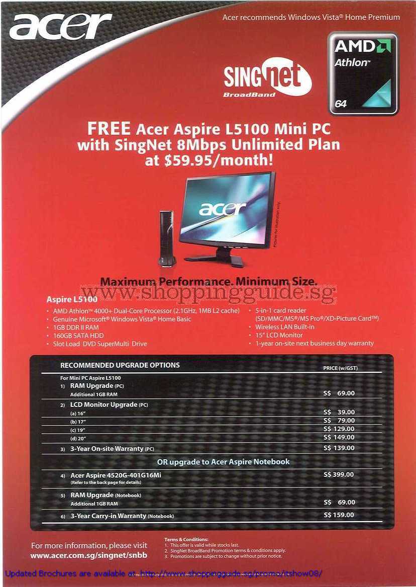 IT Show 2008 price list image brochure of Singtel Singnet Acer Aspire L5100 Mini PC Upgrade Options