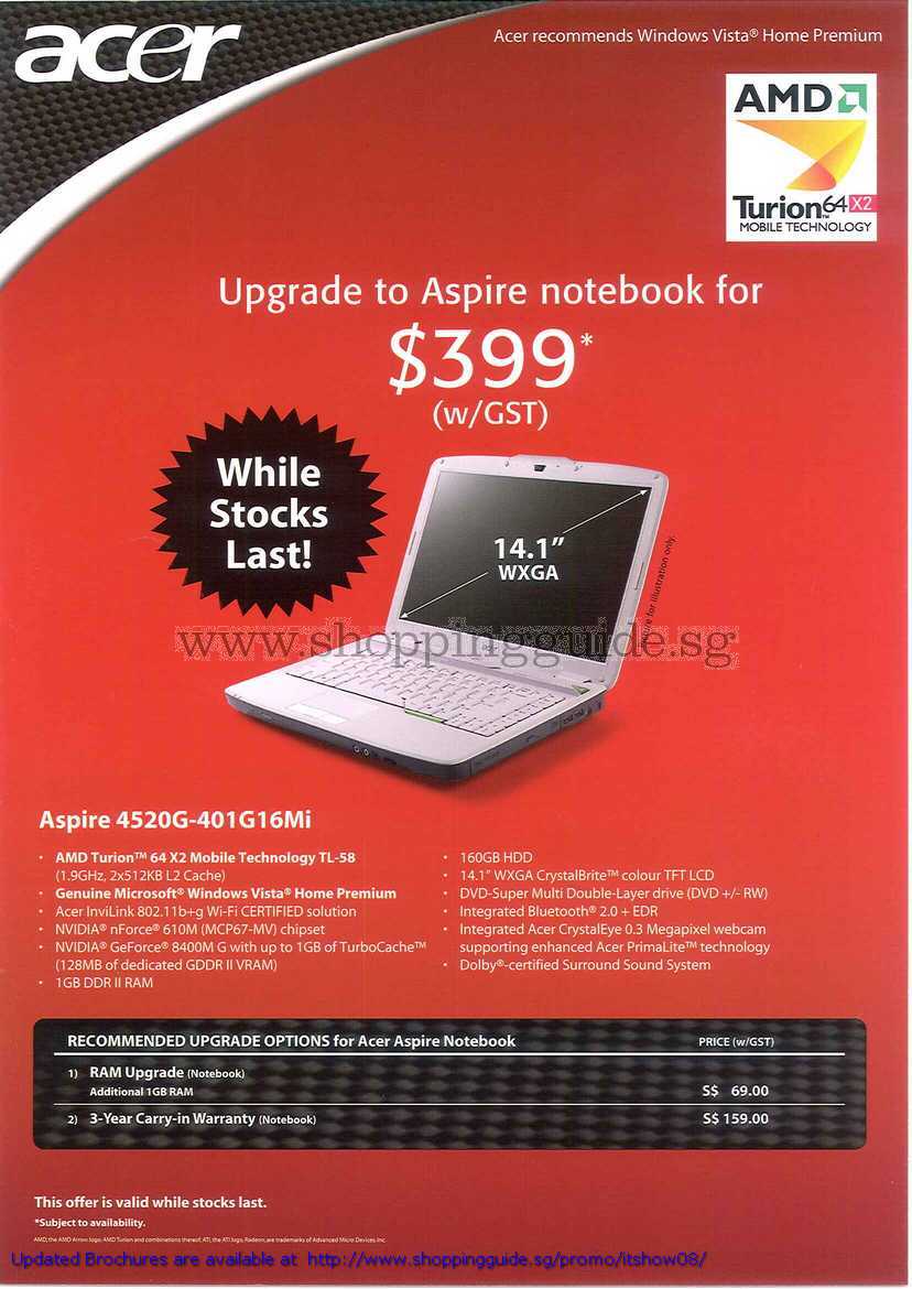 IT Show 2008 price list image brochure of Singtel Singnet Acer Aspire Notebook 4520G 401G16Mi Upgrade