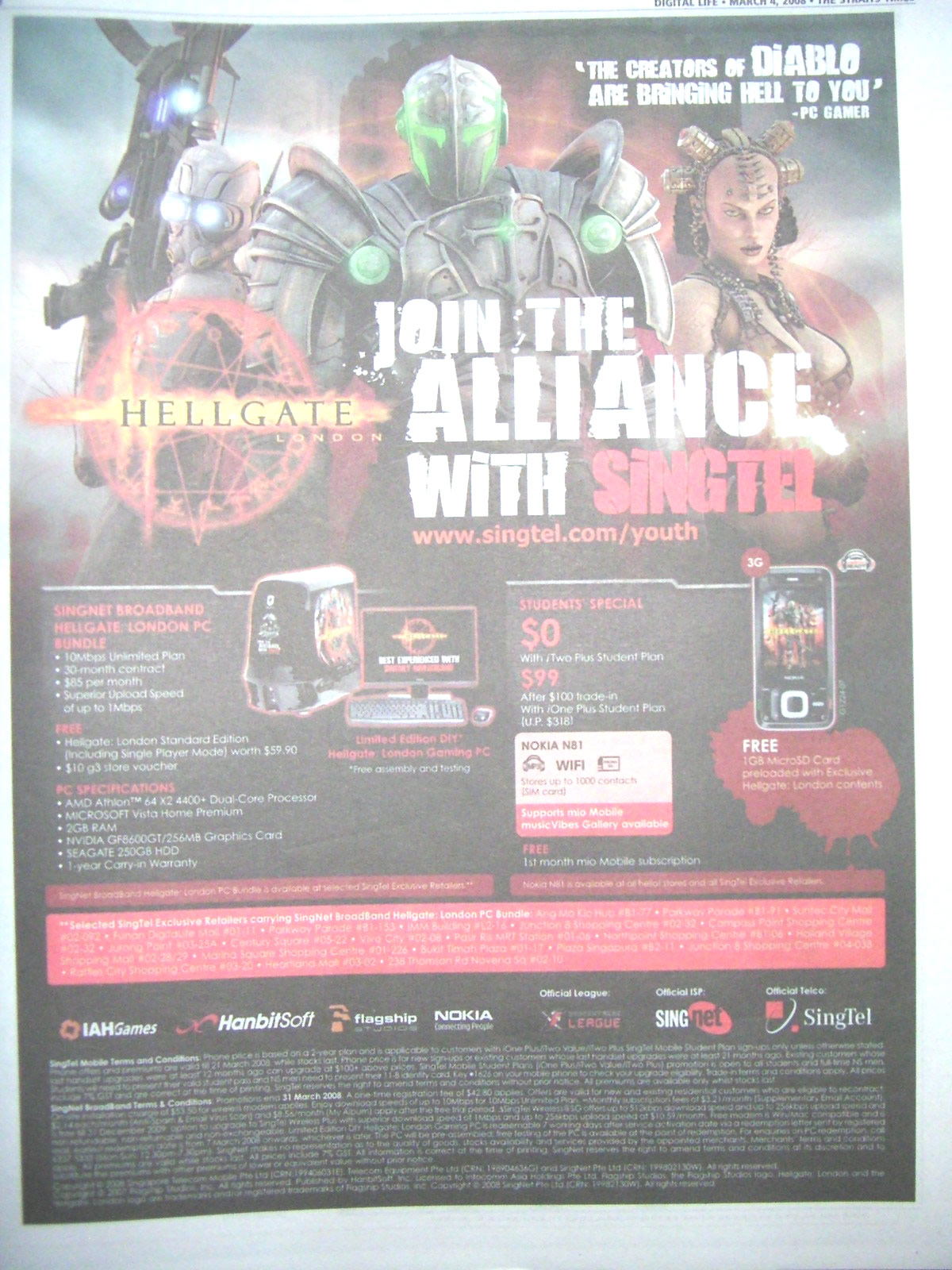 IT Show 2008 price list image brochure of Singtel Youth Hellgate London PC Bundle Mobile Phone Nokia N81