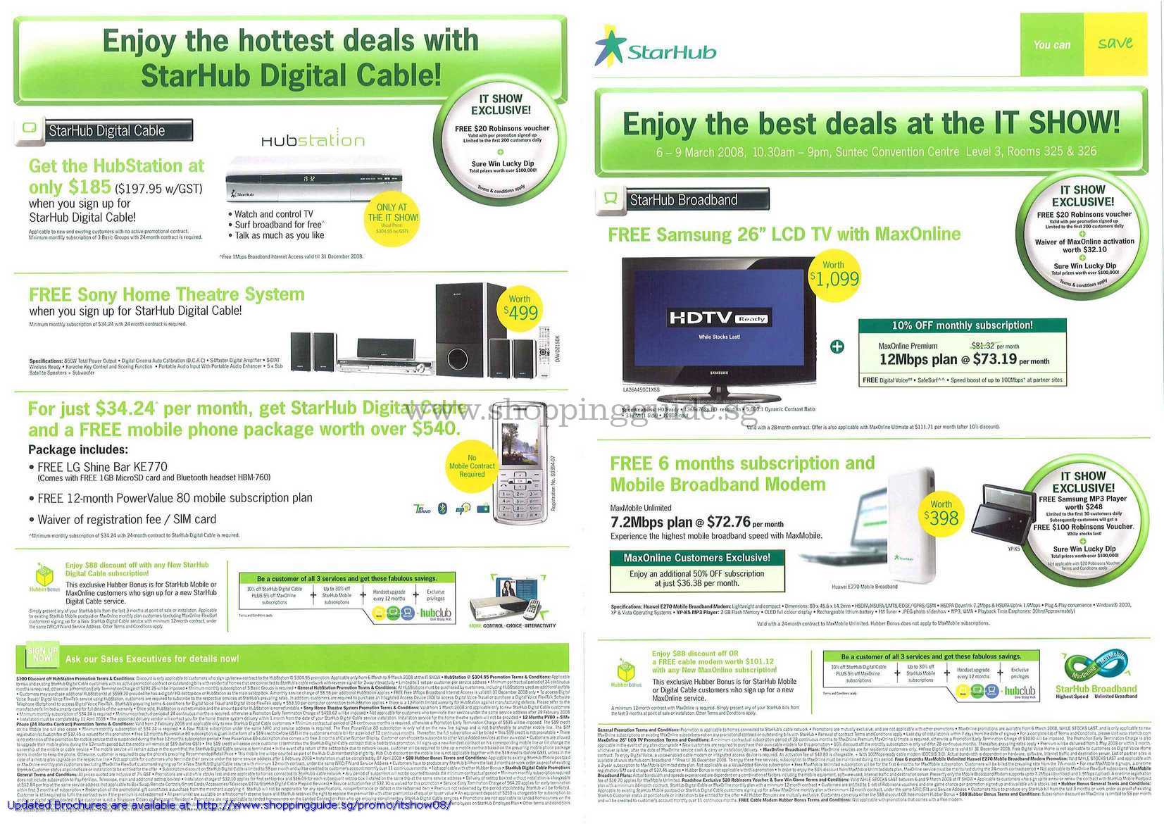 IT Show 2008 price list image brochure of Starhub Digital Cable HubStation Sony Home Theatre LG Shine Samsung LCD TV MaxOnline