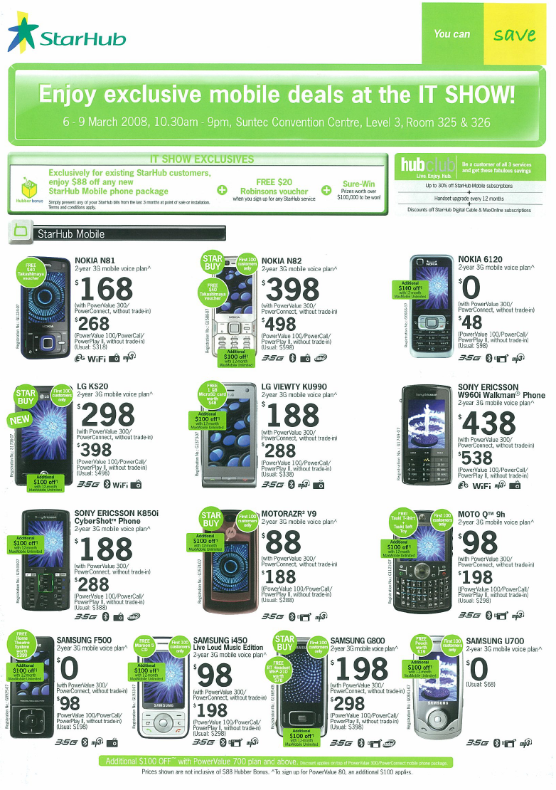 IT Show 2008 price list image brochure of Starhub Mobile Phones Nokia LG Viewty Sony Ericsson Motorazr V9 Q 9h Samsung