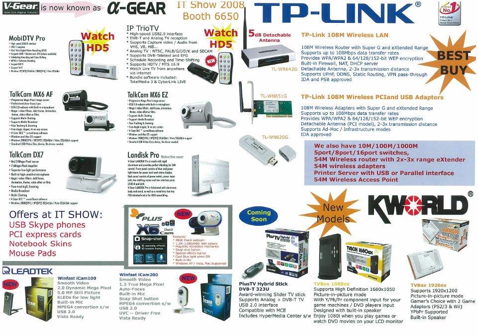 IT Show 2008 price list image brochure of TP-Link MobiDTV IP TrioTV TalkCam PlusTv Leadtek Winfast Wireless KWorld TVBox