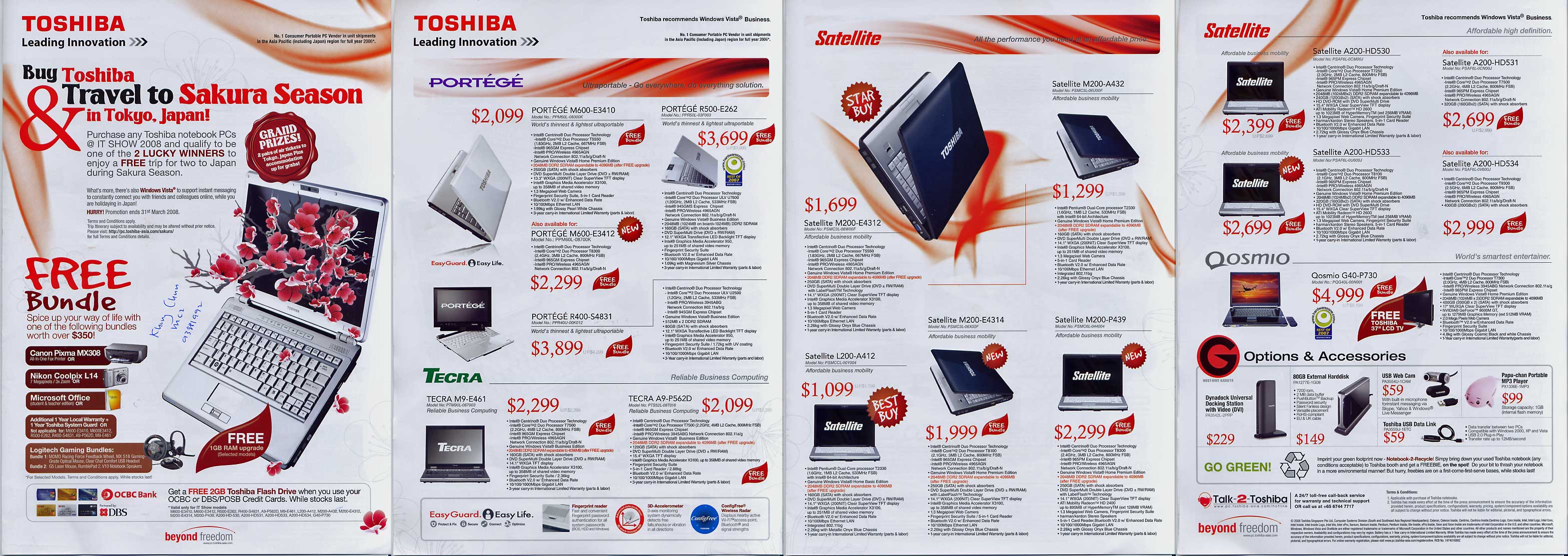 IT Show 2008 price list image brochure of Toshiba Notebooks Portege Satellite M600 R500 R400 Tecra A9 L200 M200 Qosmio