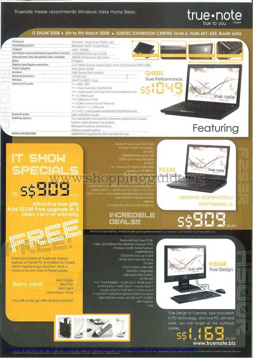 IT Show 2008 price list image brochure of Truenote Hasse Notebook Q400S F233R H500R