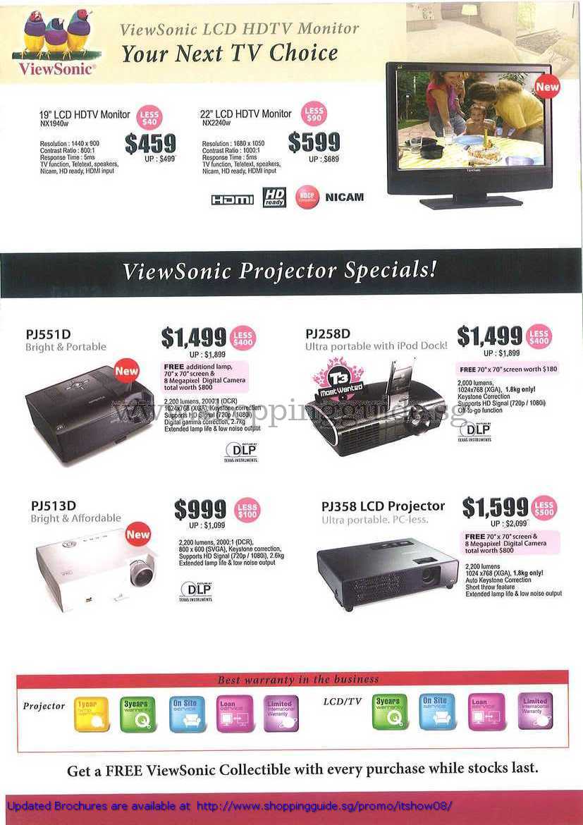 IT Show 2008 price list image brochure of Viewsonic LCD Monitor NX1940w NX2240w Projector PJ551D PJ258D PJ513D PJ358