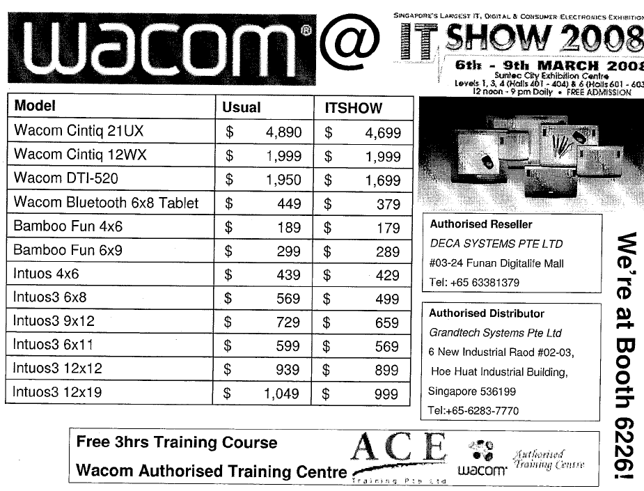 IT Show 2008 price list image brochure of Wacom Cintiq DTI Bluetooth Tablet Bamboo Fun Intuos Intuo3