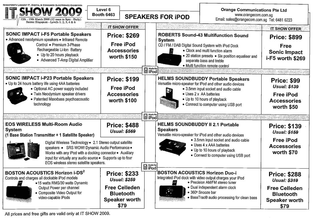 IT Show 2009 price list image brochure of Orange Sonic Impact EOS Boston Roberts Helms Audio (tclong)
