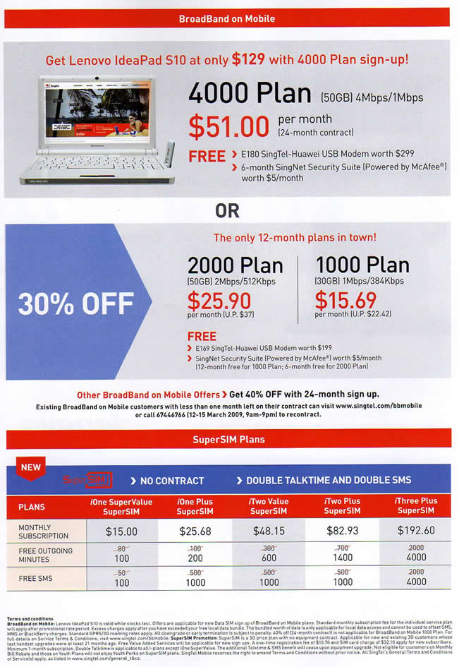 IT Show 2009 price list image brochure of Singtel Broadband On Mobile SuperSIM (coldfreeze)
