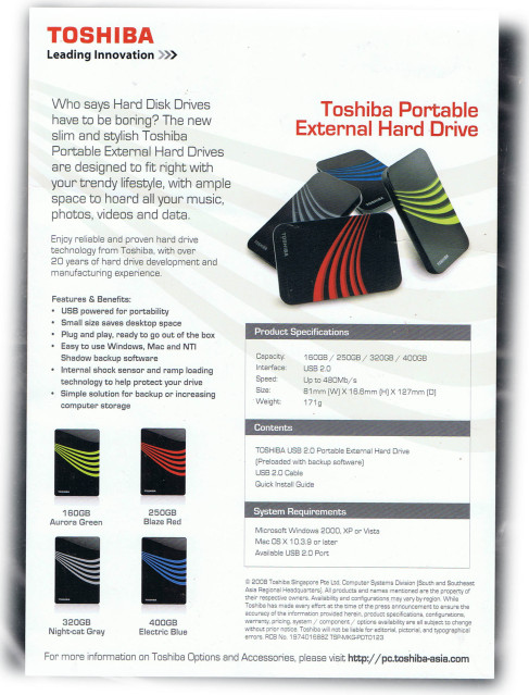IT Show 2009 price list image brochure of Toshiba Portable External Hard Drive Back