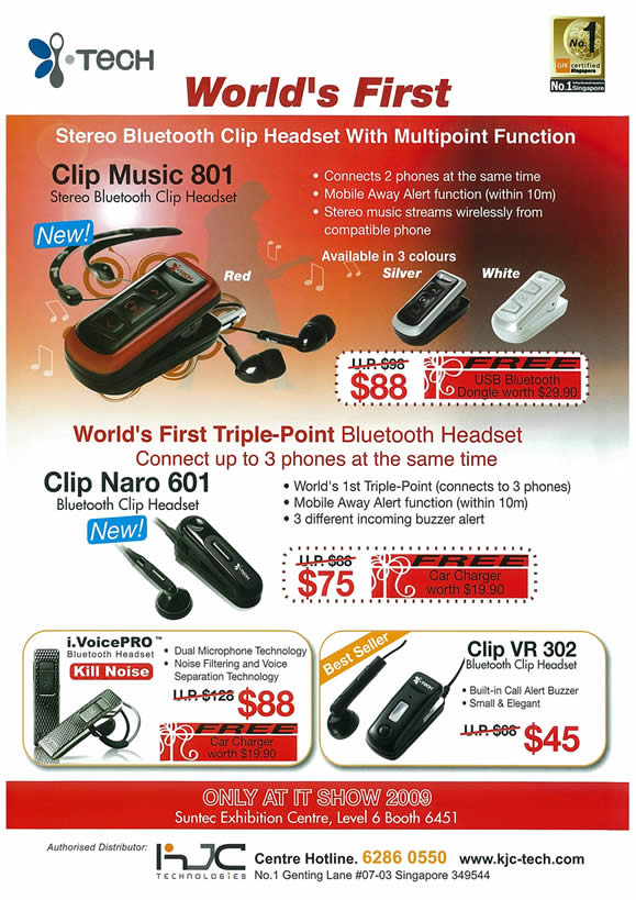 IT Show 2009 price list image brochure of ITech Clip Music Clip Naro Bluetooth Headset (tclong)