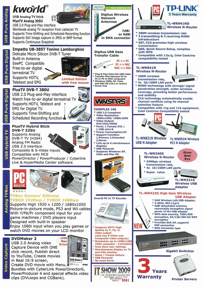 IT Show 2009 price list image brochure of Kworld Tp-link Tv Stick Plustv Wireless Router Usb (tclong)