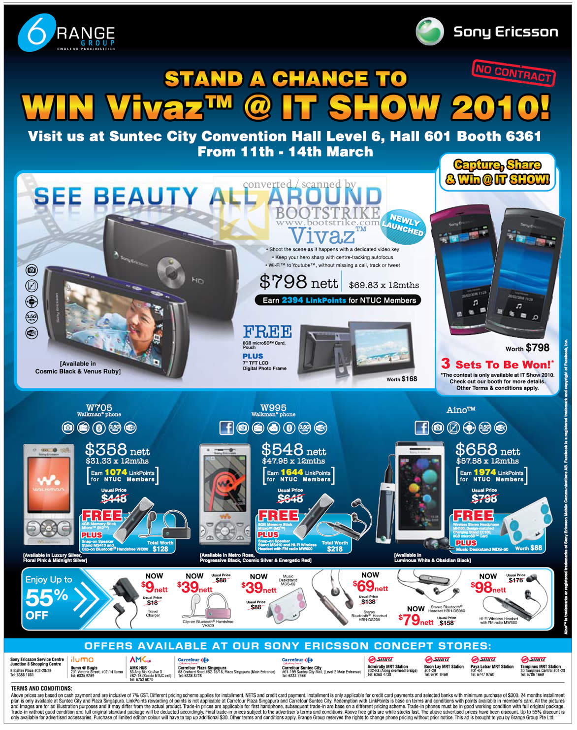 IT Show 2010 price list image brochure of 6Range Mobile Phones Vivaz Sony Ericsson Walkman W705 W995 Aino Accessories Bluetooth