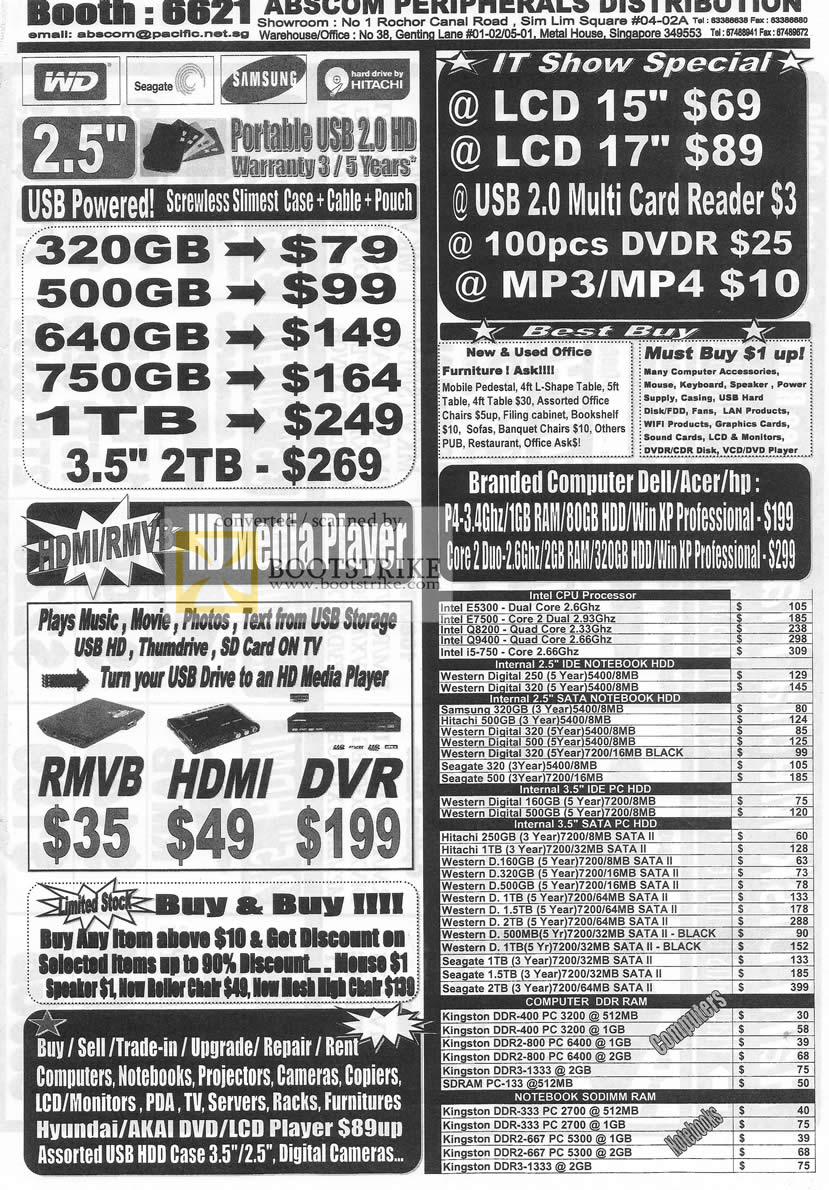 IT Show 2010 price list image brochure of ABSCom Peripherals External Storage Card Reader LCD Media Player CPU Internal Hard Disk