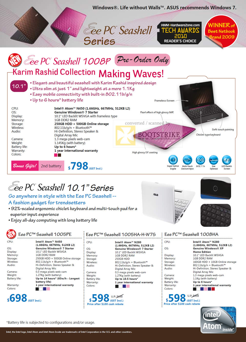 IT Show 2010 price list image brochure of ASUS Netbooks EEE PC Seashell 1008P 1005PE 1005HA H W7S 1008HA