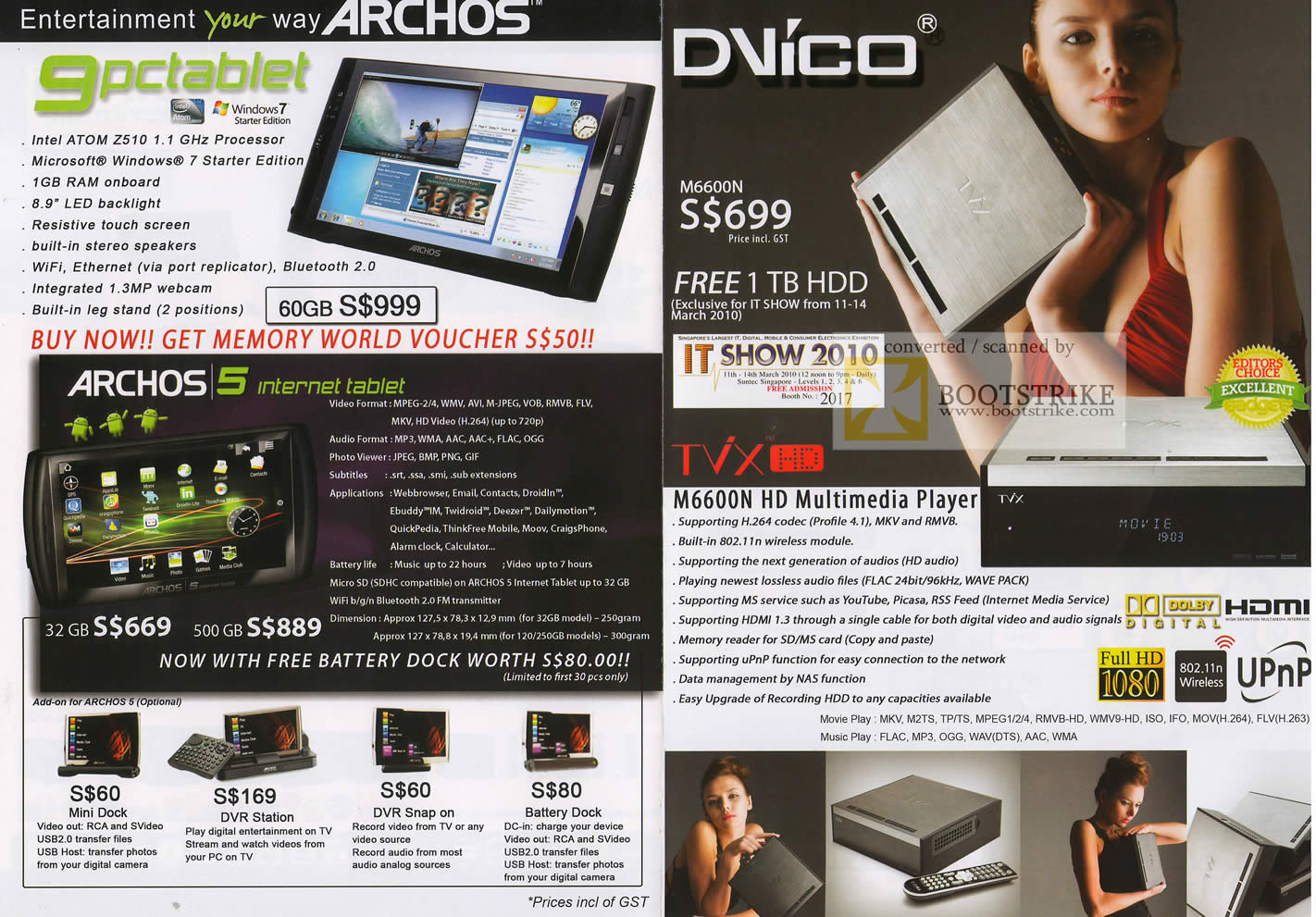 IT Show 2010 price list image brochure of Archos PC Tablet 9PCTablet 5 Internet Tablet Dock DVR Station DVico TVX M6600N Media Player