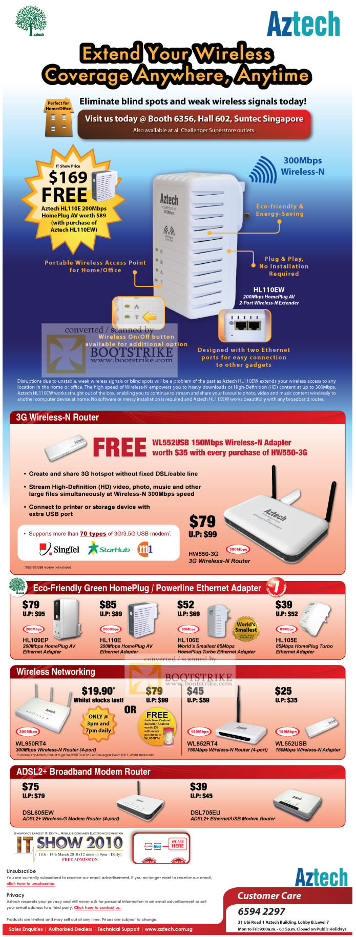 IT Show 2010 price list image brochure of Aztech Portable Wireless Access Point HL110E HomePlug HL110EW 3G Wireless N Router Powerline Ethernet Adapter ADSL