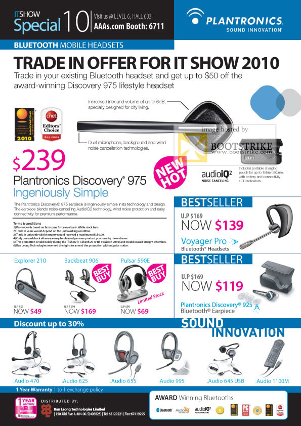 IT Show 2010 price list image brochure of Ban Leong Plantronics Bluetooth Mobile Headsets Earpiece Discovery 975 925 Voyager Pro Audio Explorer Backbeat Pulsar