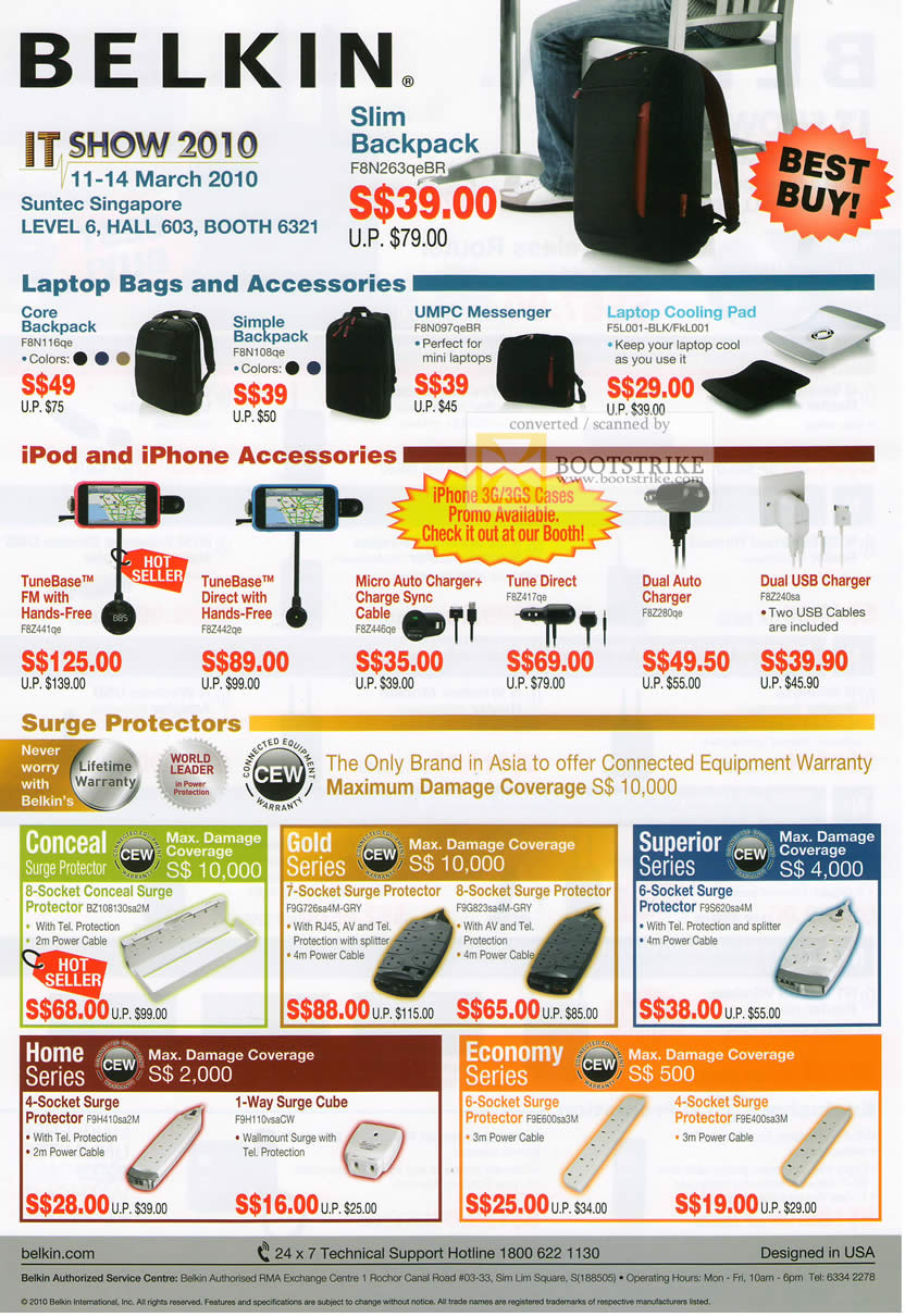 IT Show 2010 price list image brochure of Belkin Laptop Bags Accessories IPod IPhone Surge Protectors Conceal Gold Superior Home Economy